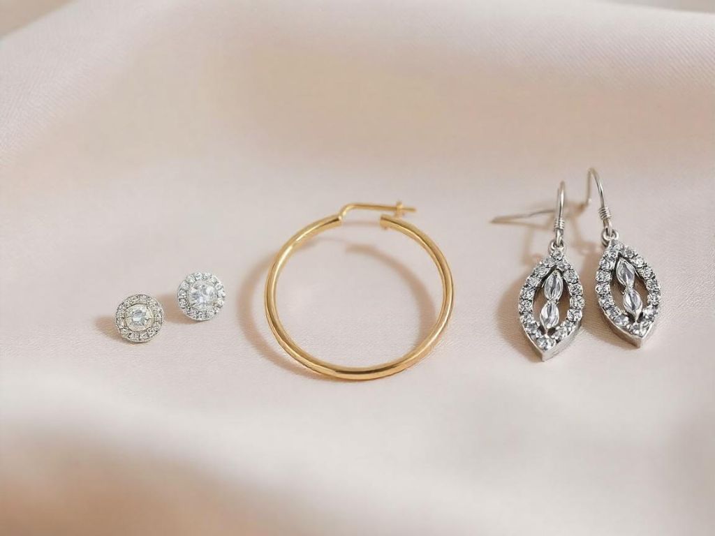 A trio of earrings featuring halo stud earrings, classic hoops, and intricate silver marquise cluster huggie earrings, blending elegance and versatility