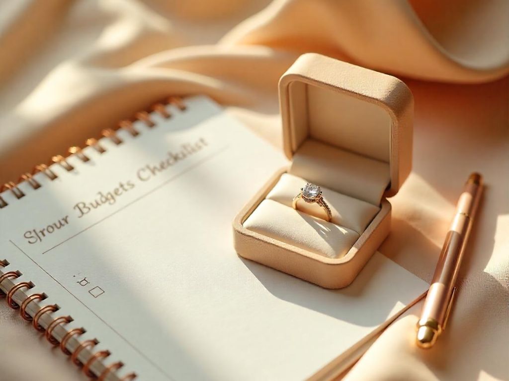 A flat lay of an open notebook, pen, and engagement ring box on a soft beige background, symbolizing budget planning for an engagement ring