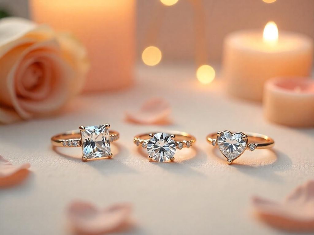 A collection of diamond rings featuring princess-cut, round-cut, and heart-shaped diamonds