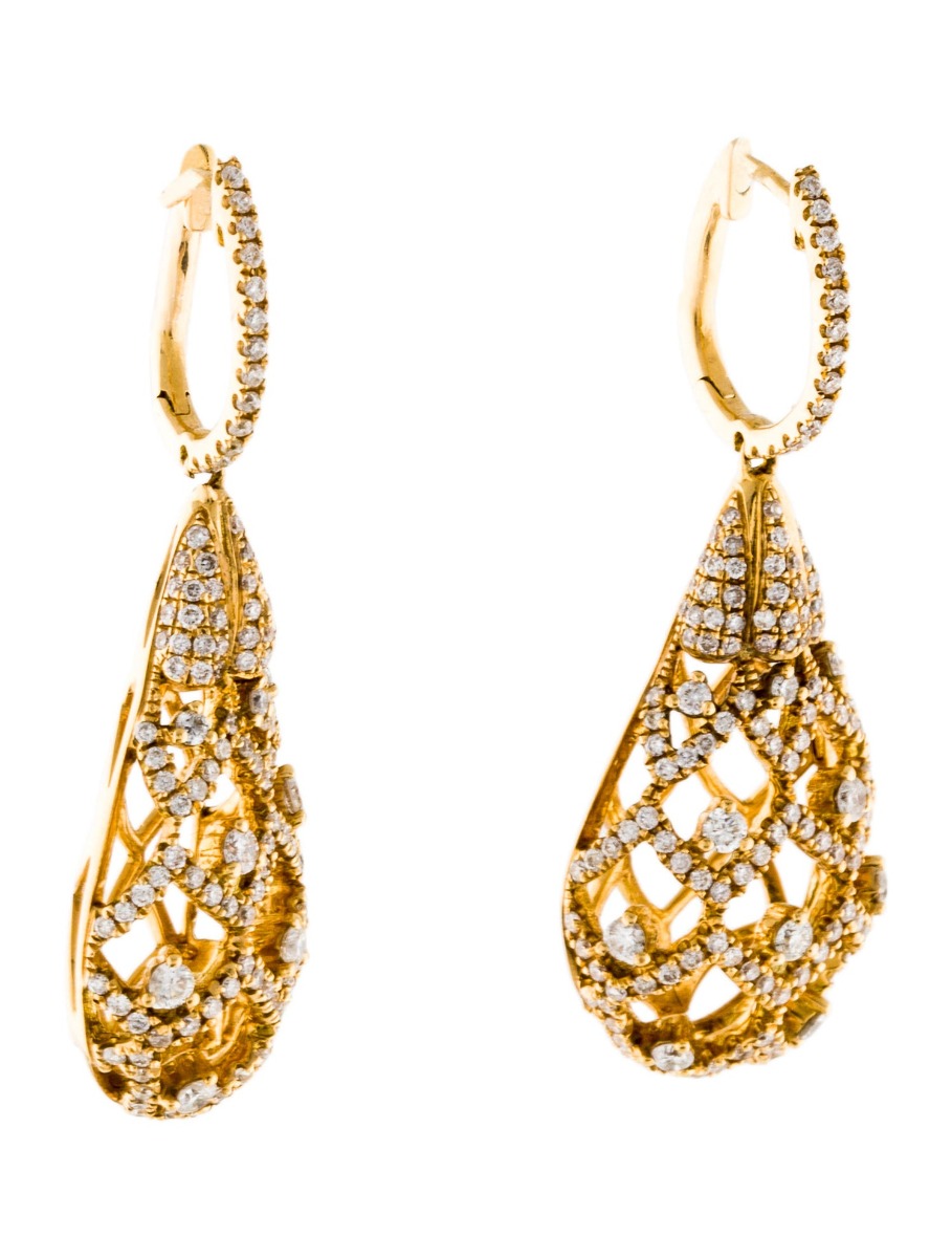 1--18K Yellow Gold 1.55ctw Diamond Drop Earrings, 18K Yellow Gold 1.55ctw Diamond Drop Earrings