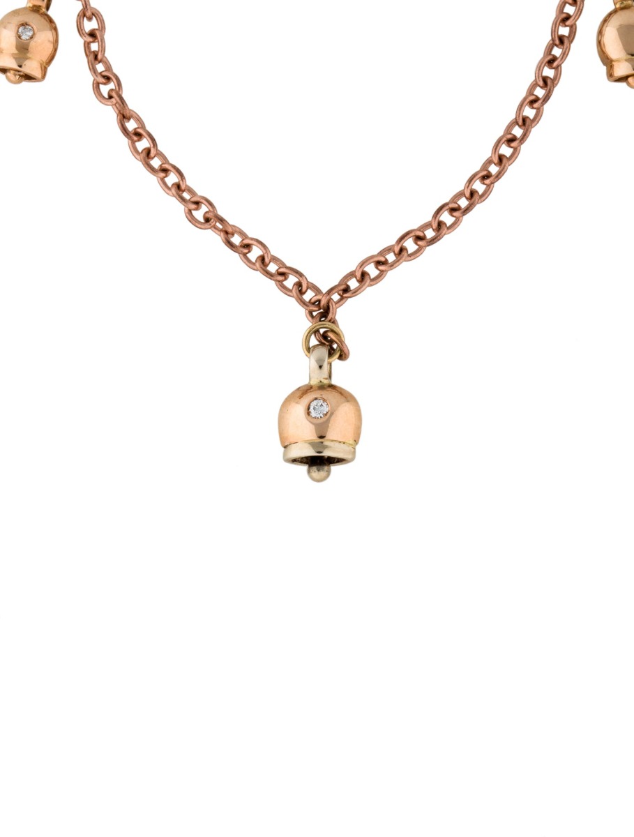 0--18K Rose Gold Bell Diamond Charm Bracelet, 18K Rose Gold Bell Diamond Charm Bracelet