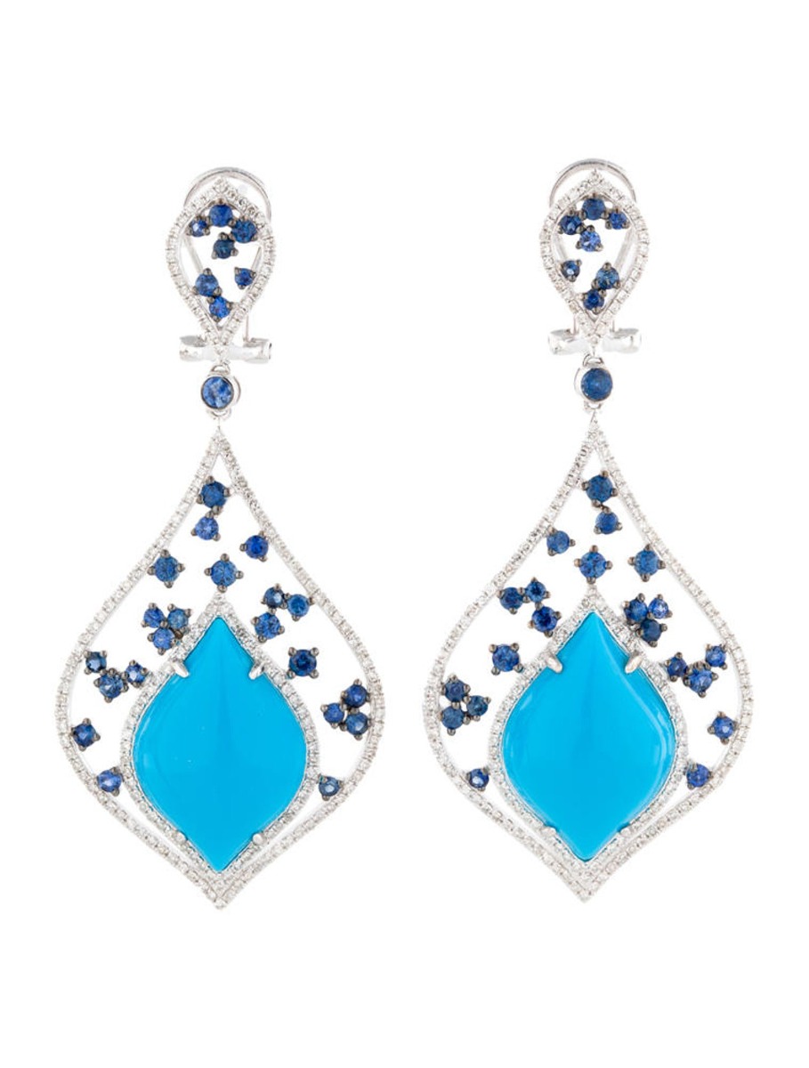 0--18k White Gold 13.69ctw Turquoise, Sapphire and Diamond Earrings, 18k White Gold 13.69ctw Turquoise, Sapphire and Diamond Earrings