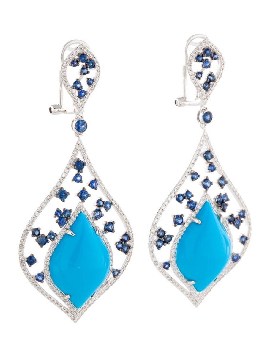 1--18k White Gold 13.69ctw Turquoise, Sapphire and Diamond Earrings, 18k White Gold 13.69ctw Turquoise, Sapphire and Diamond Earrings