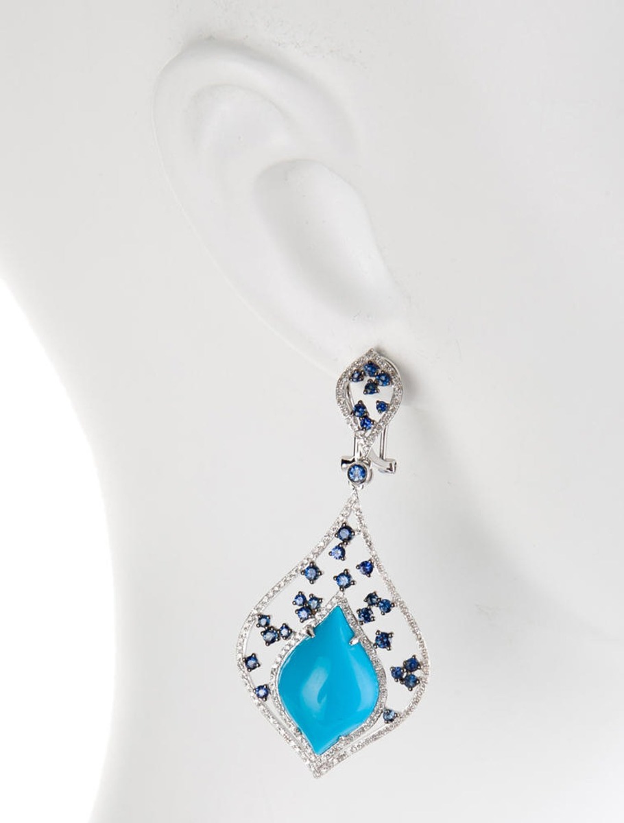 18k White Gold 13.69ctw Turquoise, Sapphire and Diamond Earrings