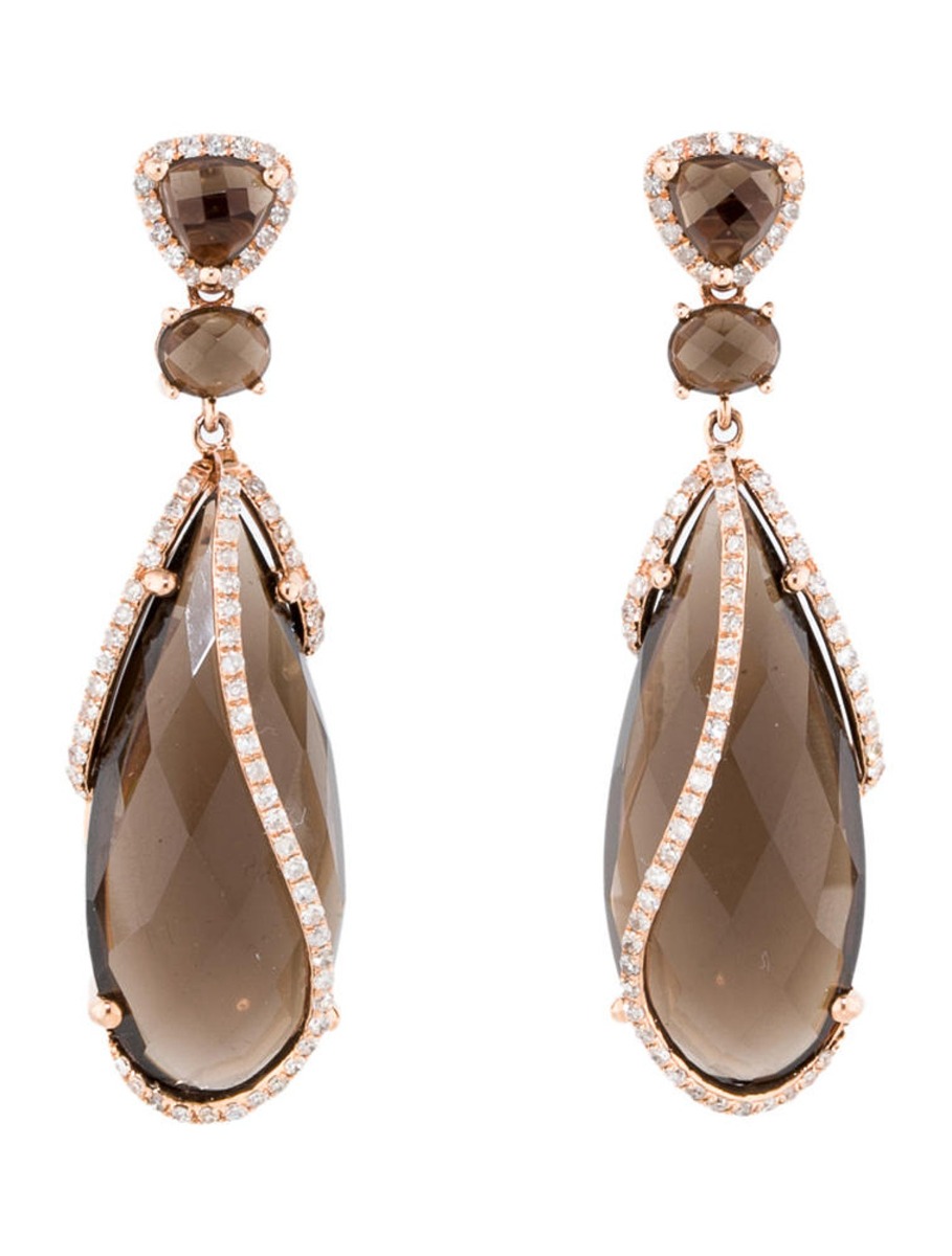 0--14k Rose Gold 28.90ct Smokey Topaz and Diamond Earrings, 14k Rose Gold 28.90ct Smokey Topaz and Diamond Earrings