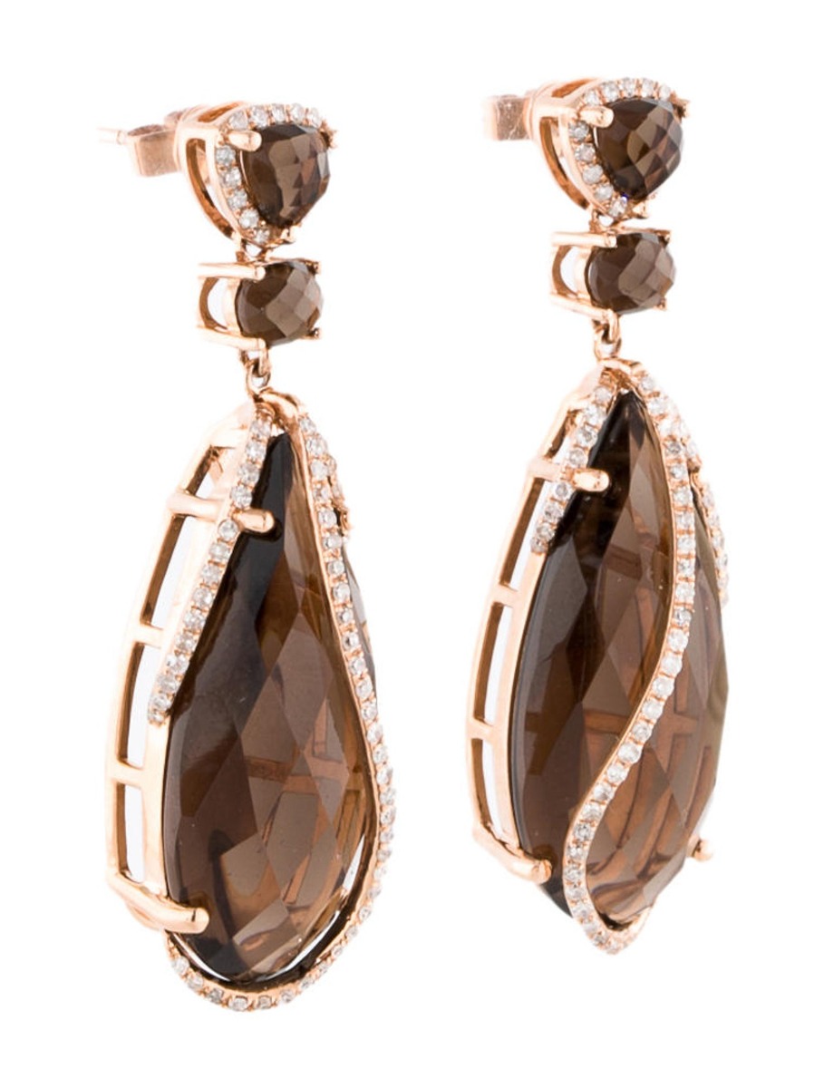 1--14k Rose Gold 28.90ct Smokey Topaz and Diamond Earrings, 14k Rose Gold 28.90ct Smokey Topaz and Diamond Earrings