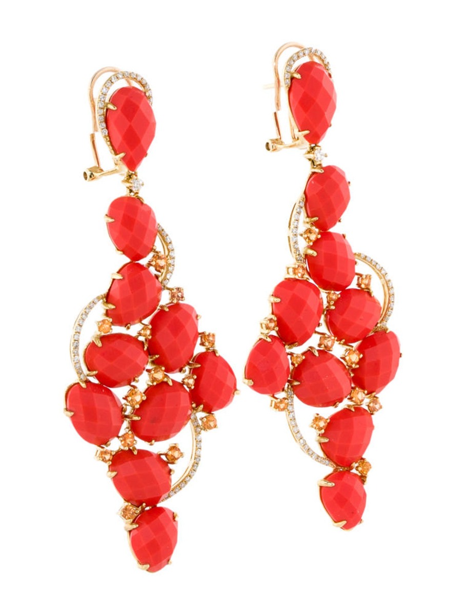 1--18k Yellow Gold 23.26ctw Coral, Sapphire and Diamond Earrings, 18k Yellow Gold 23.26ctw Coral, Sapphire and Diamond Earrings