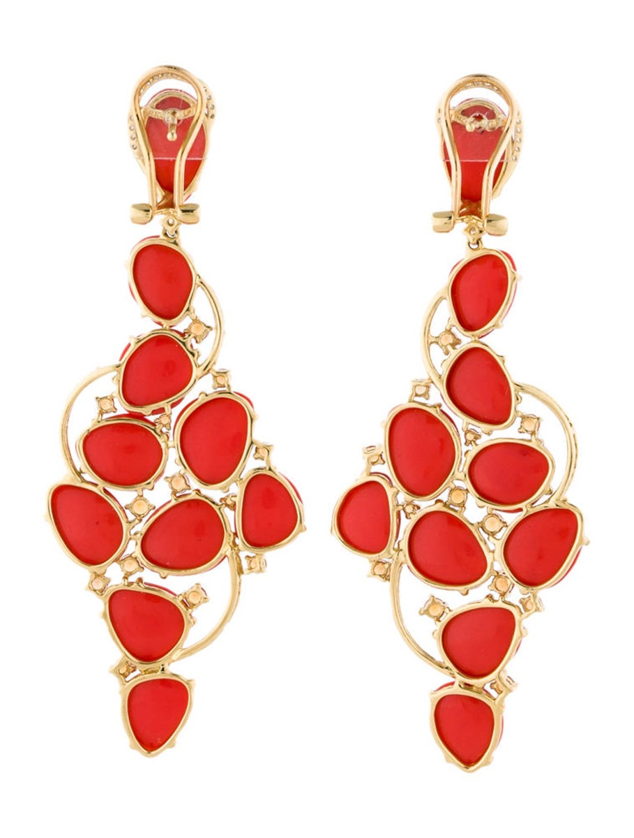 18k Yellow Gold 23.26ctw Coral, Sapphire and Diamond Earrings