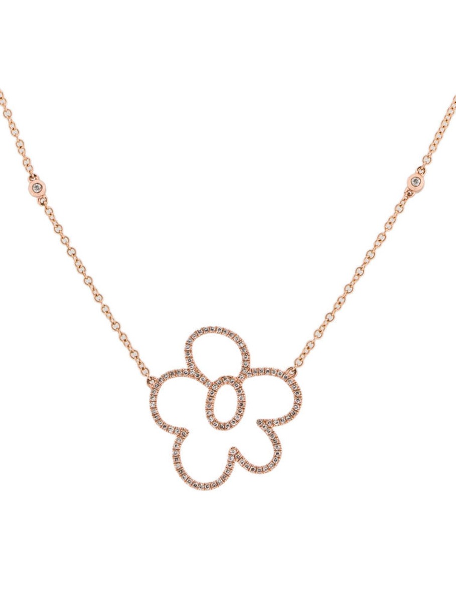 0--14K Rose Gold Rounded Flower Diamond Necklace, 14K Rose Gold Rounded Flower Diamond Necklace