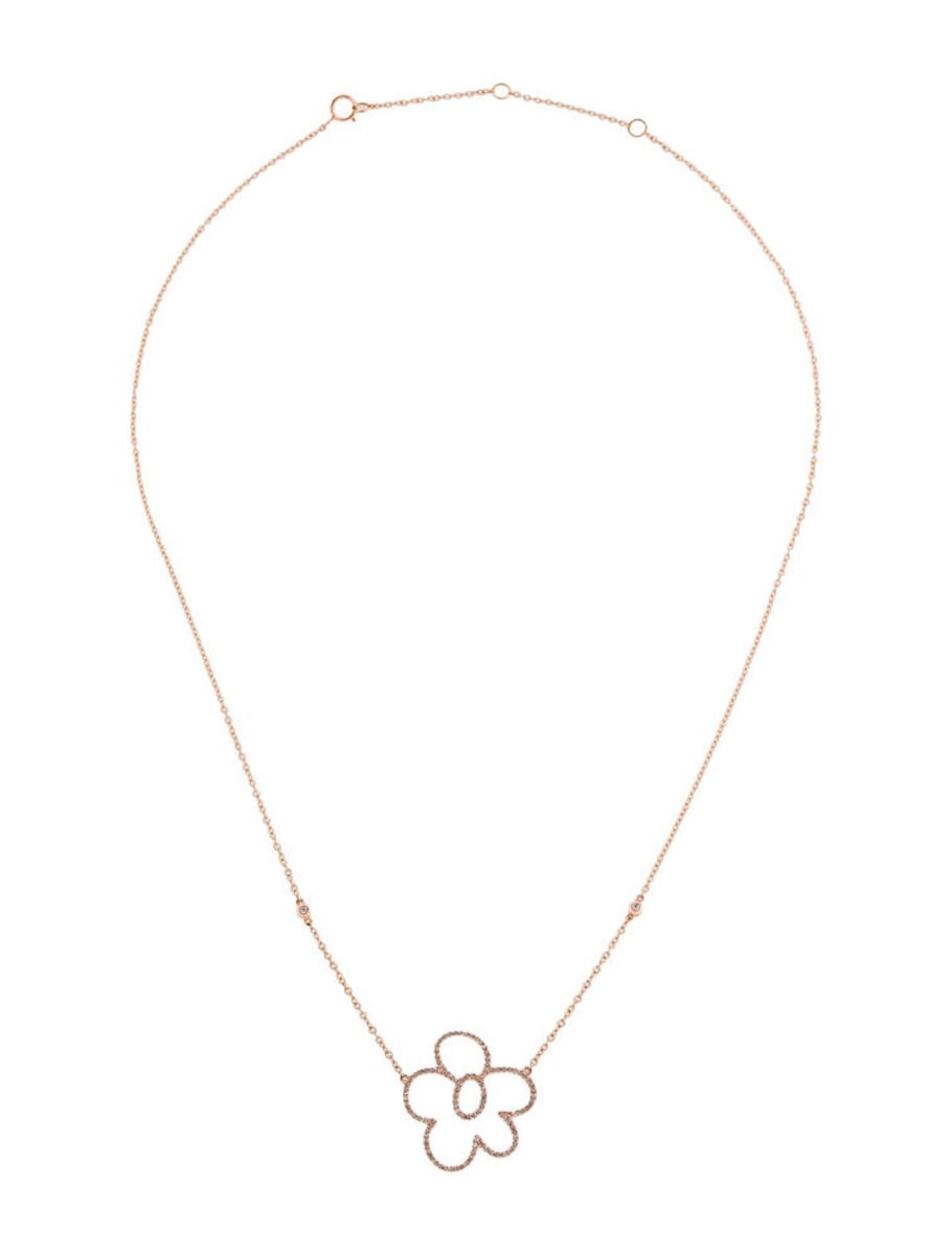 1--14K Rose Gold Rounded Flower Diamond Necklace, 14K Rose Gold Rounded Flower Diamond Necklace