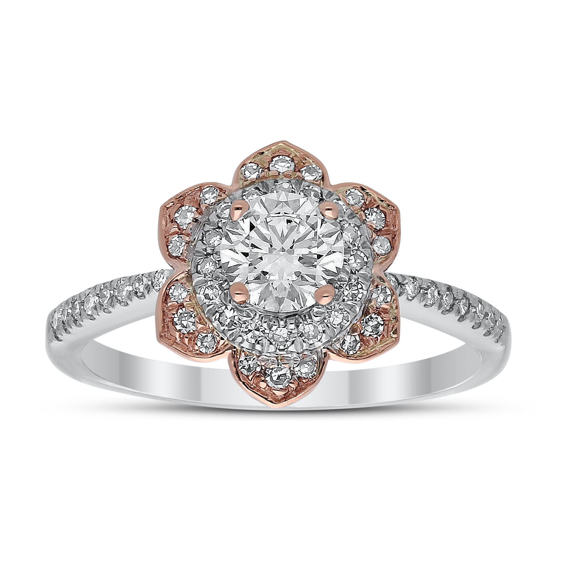 0--0.80 Ctw Round Cut Flower Ring In 14K Two-Tone Rose and White Gold, 0.80 Ctw Round Cut Flower Ring In 14K Two-Tone Rose and White Gold