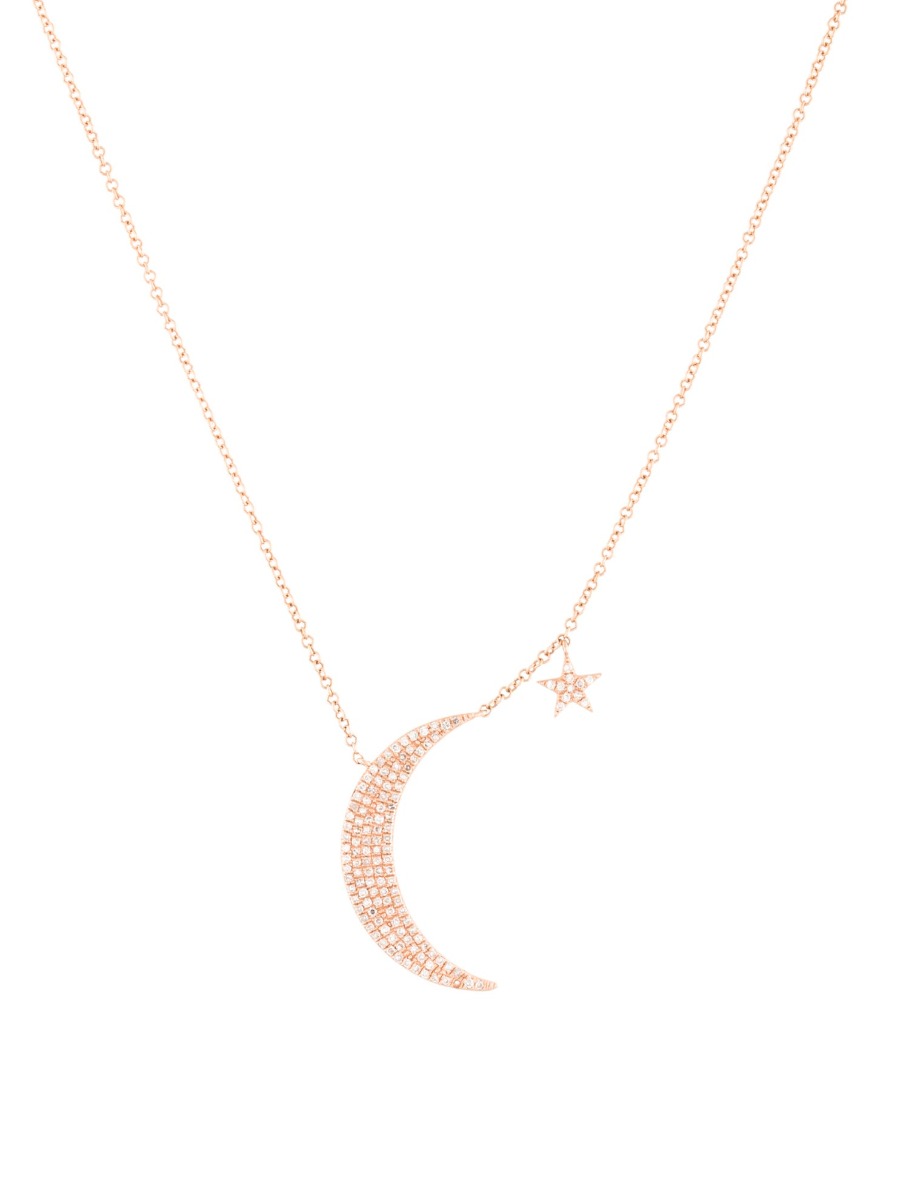 0--14K Rose Gold Diamond Moon & Star Necklace, 14K Rose Gold Diamond Moon & Star Necklace