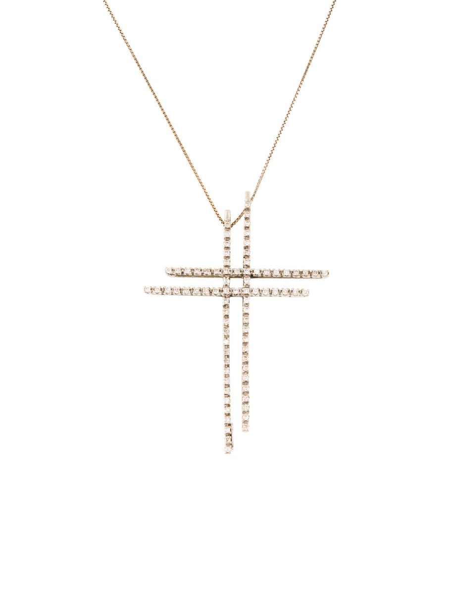 0--18K Yellow Gold Diamond Linear Cross Pendant Necklace, 18K Yellow Gold Diamond Linear Cross Pendant Necklace