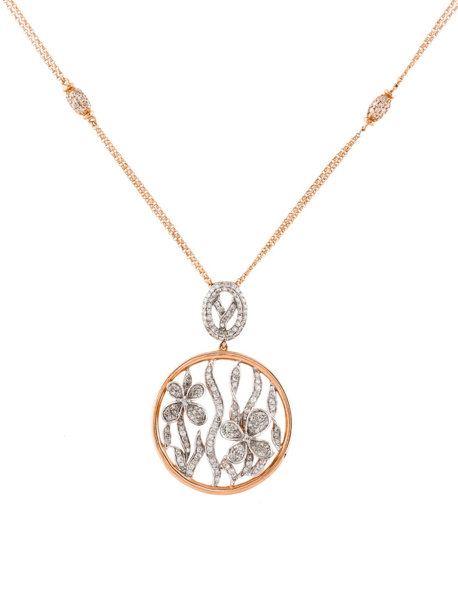 0--14K Diamond Floral Disc Pendant Necklace, 14K Diamond Floral Disc Pendant Necklace