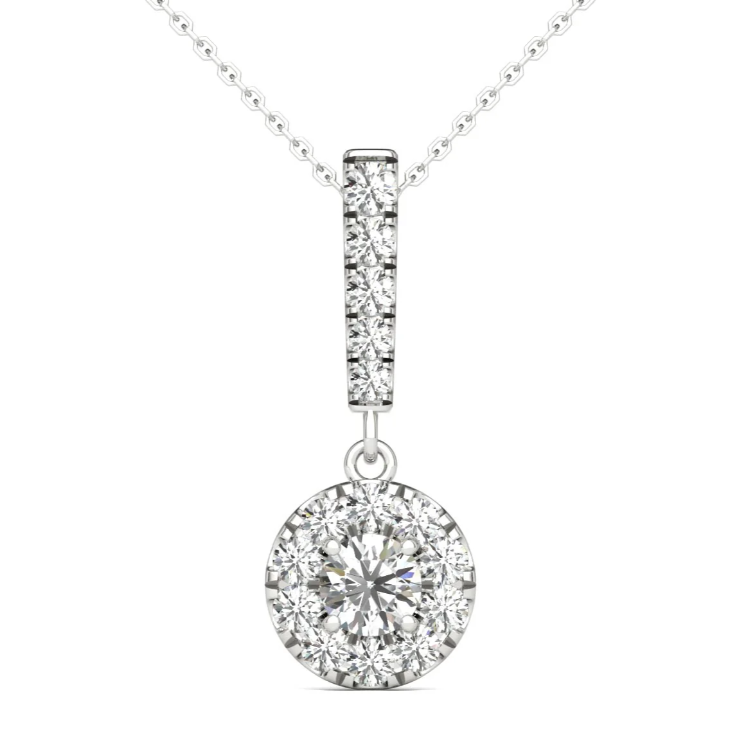 0--3/4 Ct tw 14K White Gold Natural Diamond Halo Stick Pendant Necklace, 3/4 Ct tw 14K White Gold Natural Diamond Halo Stick Pendant Necklace