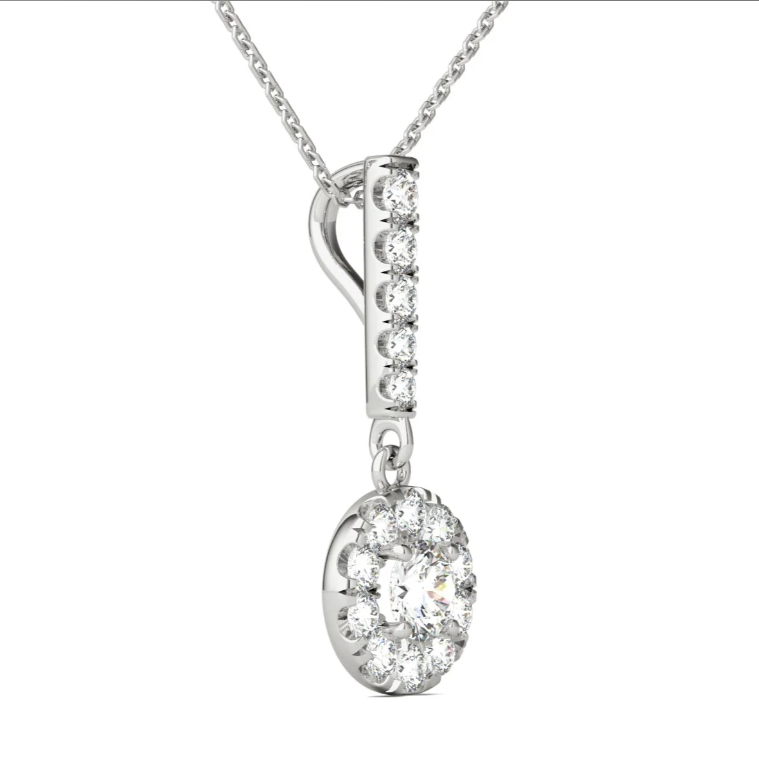 1--3/4 Ct tw 14K White Gold Natural Diamond Halo Stick Pendant Necklace, 3/4 Ct tw 14K White Gold Natural Diamond Halo Stick Pendant Necklace