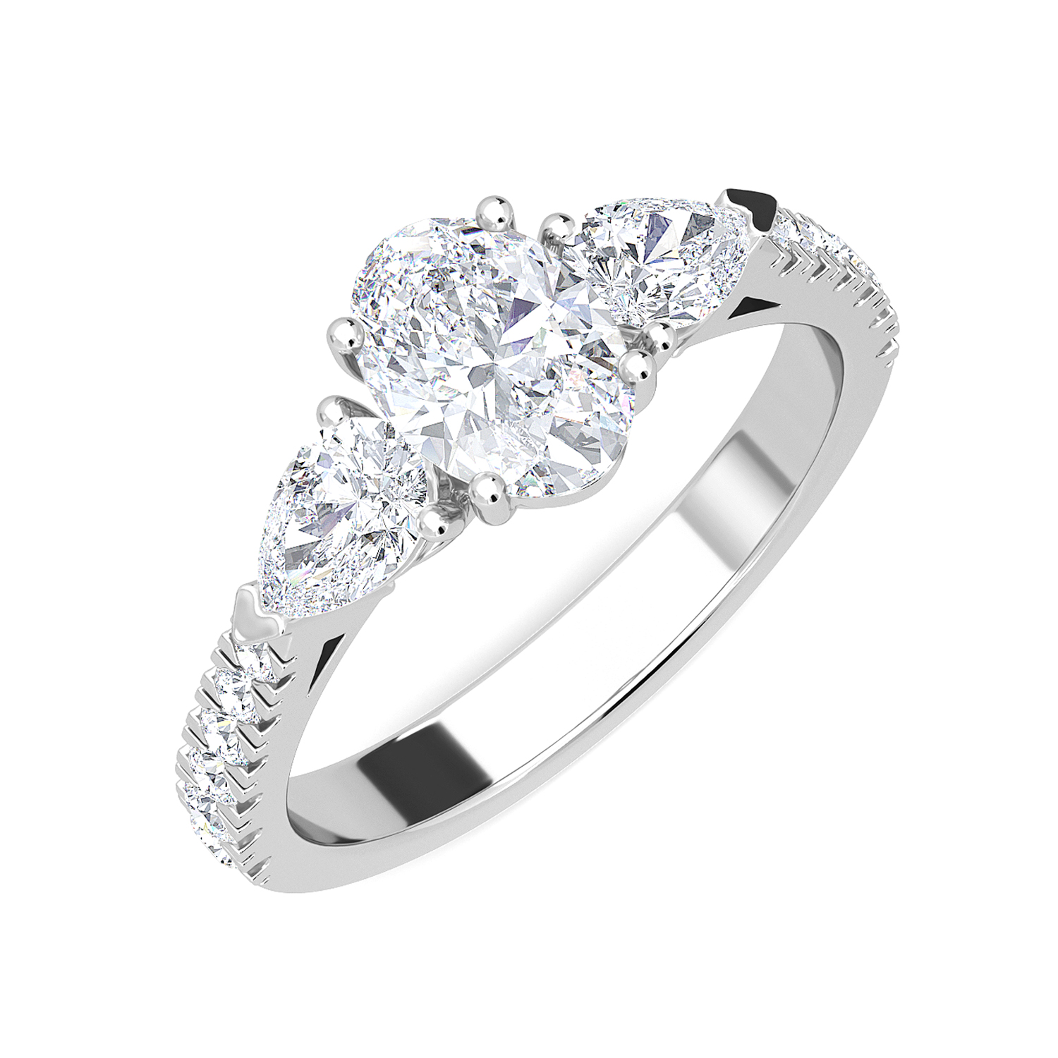 0--1.50 Ctw With 3/4 Ct Oval Center And Pear Shaped Lab Grown Diamond Ring In 14K White Gold, 1.50 Ctw With 3/4 Ct Oval Center And Pear Shaped Lab Grown Diamond Ring In 14K White Gold