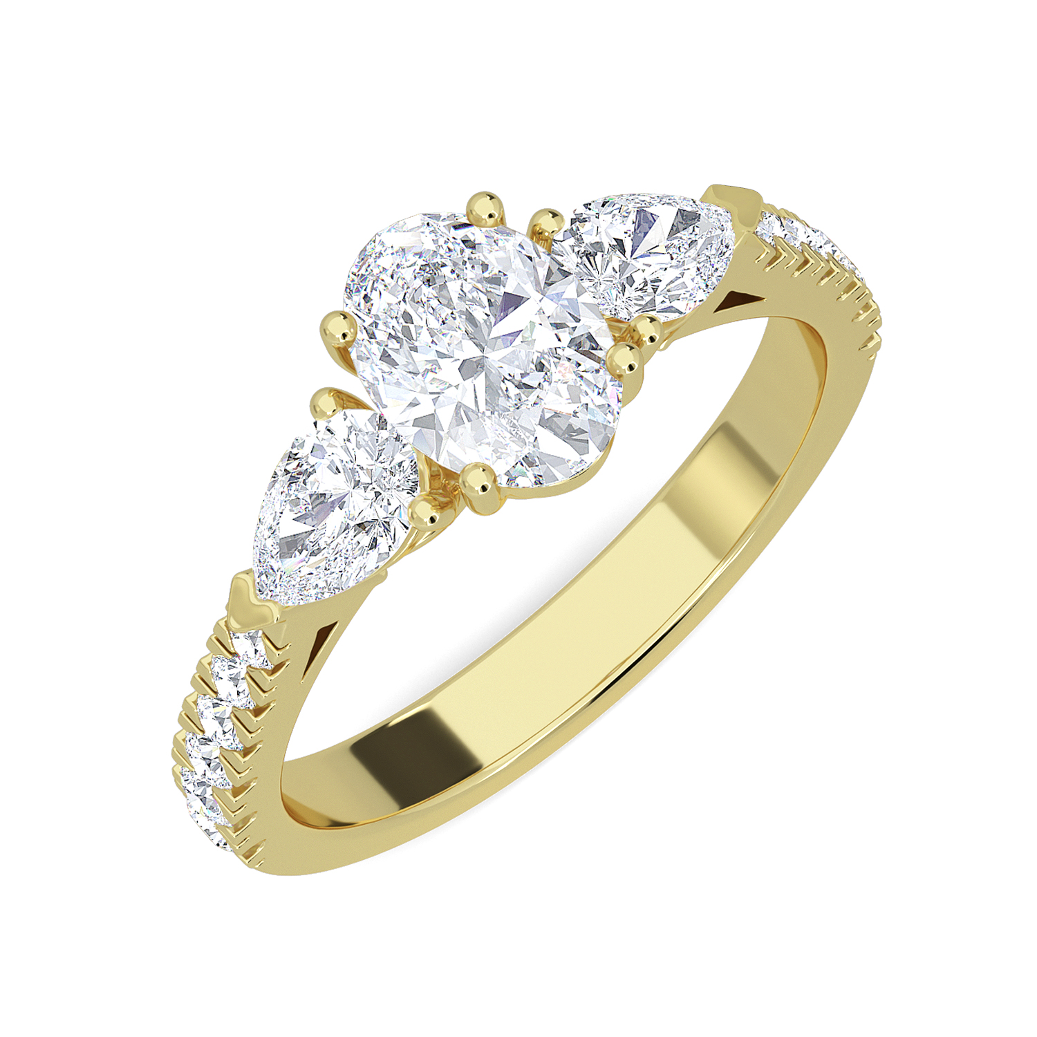 0--1.50 Ctw With 3/4 Ct Oval Center And Pear Shaped Lab Grown Diamond Ring In 14K Yellow Gold, 1.50 Ctw With 3/4 Ct Oval Center And Pear Shaped Lab Grown Diamond Ring In 14K Yellow Gold