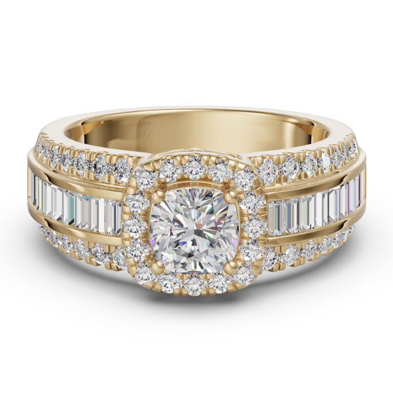Cushion Cut Halo Baguette Accented Engagement Ring 1.00 ct