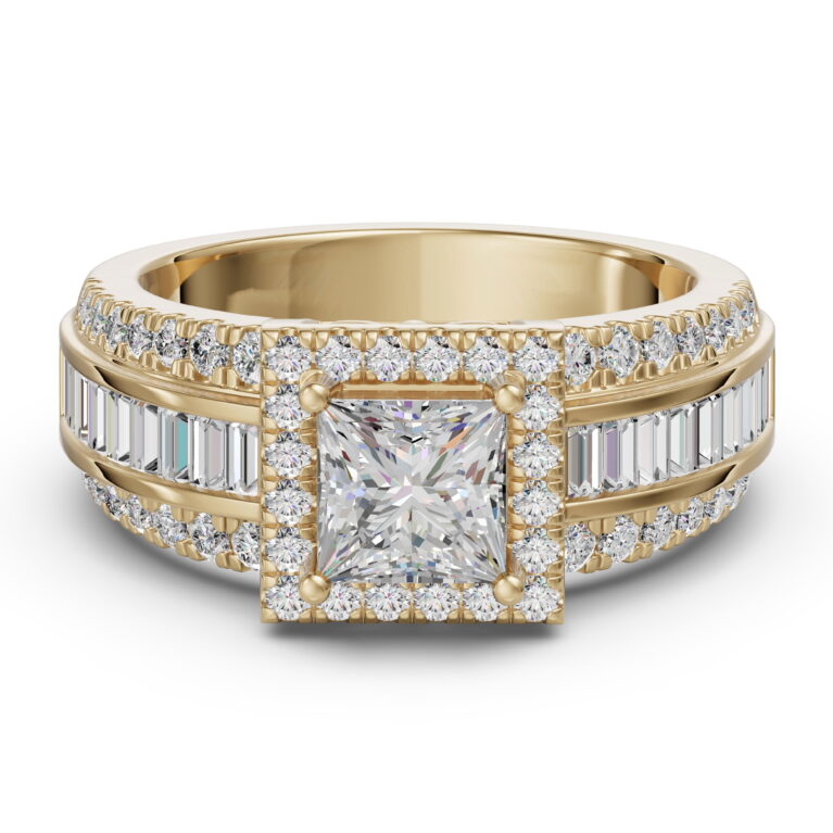 Princess Cut Halo Baguette Accented Engagement Ring 1.00 ct