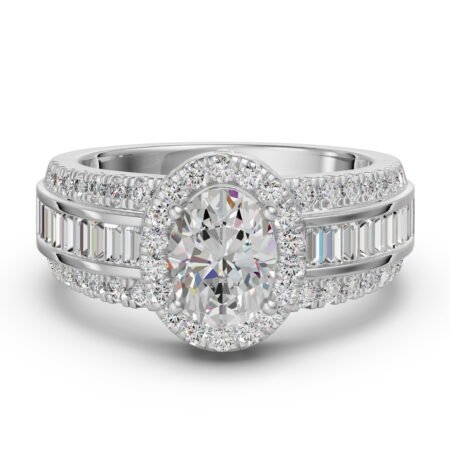 Oval Cut Halo Baguette Accented Engagement Ring 1.00 ct
