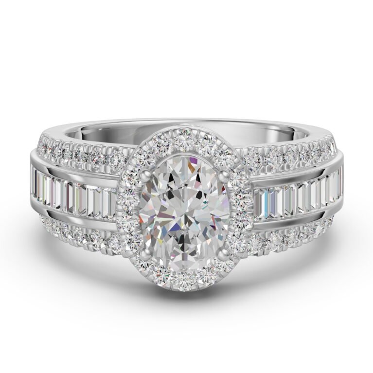 Oval Cut Halo Baguette Accented Engagement Ring 1.00 ct