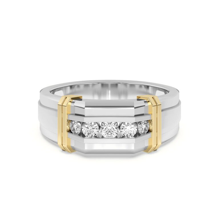 Men's Channel Set Five Stone Two Tone Band Ring Moissanite 14K White Gold